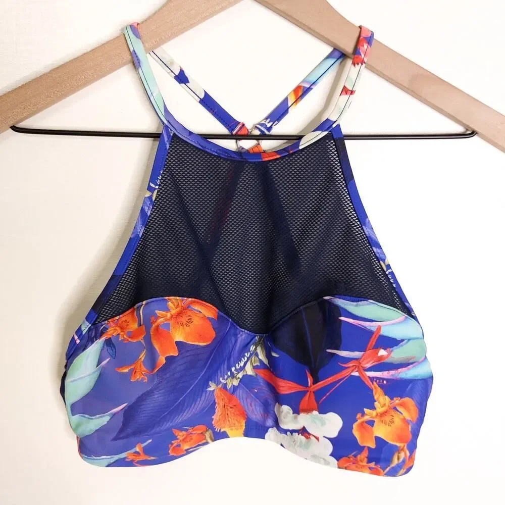 Athleta Lucia High Neck Blue Mesh Bikini Top Swimsuit Small